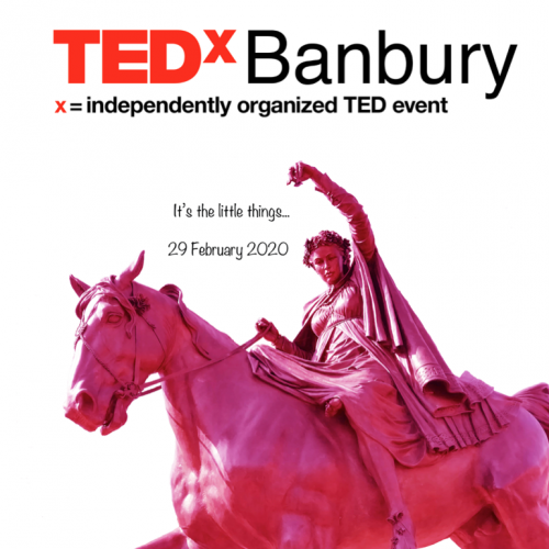 TEDxBanbury logo with a Fine Lady statue, coloured pink