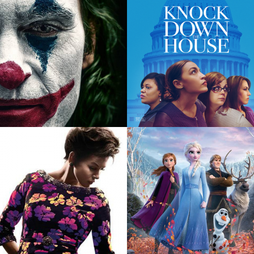 Images from four film posters: Joker, Judy, Frozen 2 and Knock Down the House