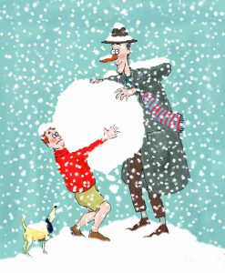 Cartoon of two men in the snow, fighting over a giant snowball. One man in a bright red jumper, the other in a large coat with a carrot for a nose. A small dog is at their feet.