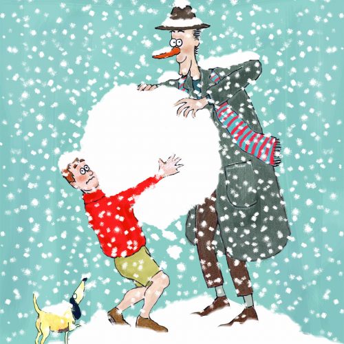 Cartoon of two men in the snow, fighting over a giant snowball. One man in a bright red jumper, the other in a large coat with a carrot for a nose. A small dog is at their feet.