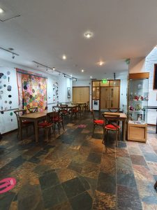 The Gallery area at The Mill with social distancing markers on the floor