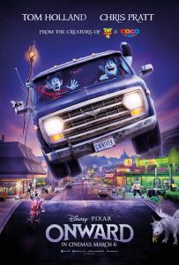 Film poster for Onward, a Disney/Pixar animated film with two brothers in a car which seems to be flying through the air.
