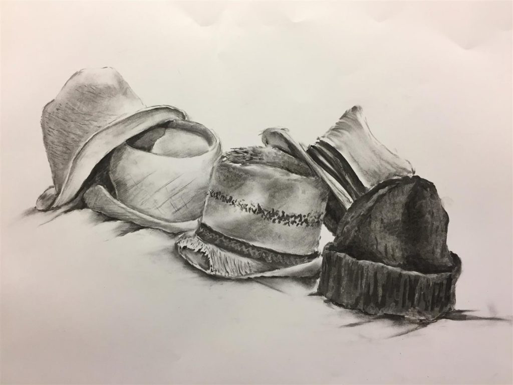 Pencil drawing of a row of different hats