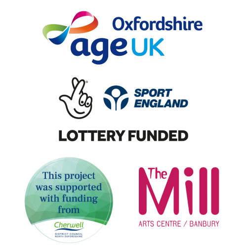 Logos for Age UK Oxfordshire, Sport England, Cherwell District Council and The Mill Arts Centre