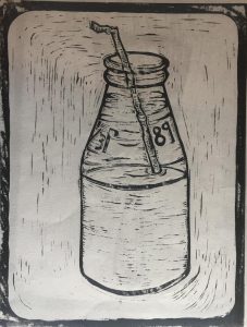 Lino cutting of a milk bottle