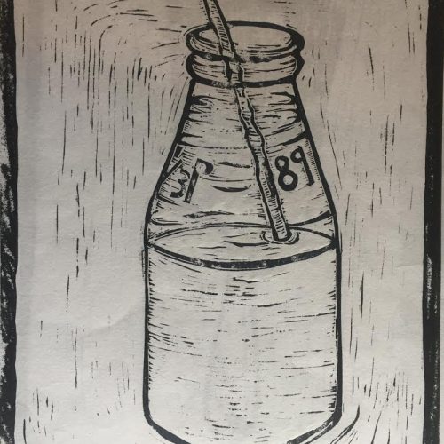 Lino cutting of a milk bottle