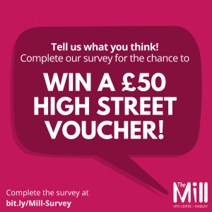 Dark pink speech bubble on lighter pink background. White text reads: Tell us what you think! Complete our survey for the chance to win a £50 high street voucher! Complete the survey at bit.ly/Mill-Survey