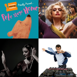 Four images in a grid for Pete Stays Home, The Witches, Bharatanatyam Family Dance Workshop and Shlomo's Beatbox Adventure for Kids