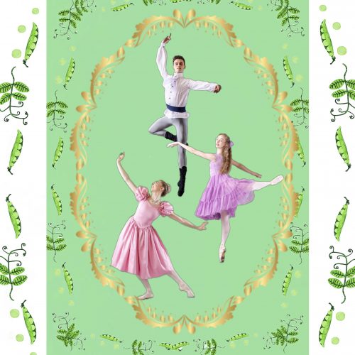 Three ballet dancers in various poses, surrounded by a border of green plants