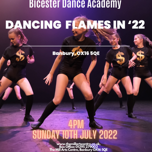 Young dancers performing on stage. Text reads: Bicester Dance Academy, Dancing Flames in '22